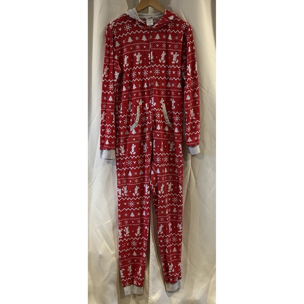 Disney‎ Mickey Mouse Waffle Knit 1pc Holiday Full Body Hooded Ears PJ Pajamas S